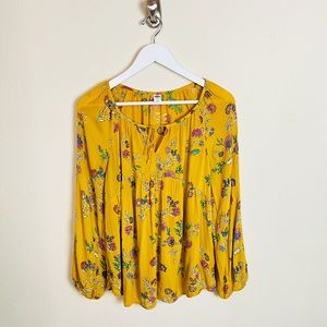 Old Navy Mustard Yellow Boho Floral Front Tie Long Sleeve Peasant Blouse